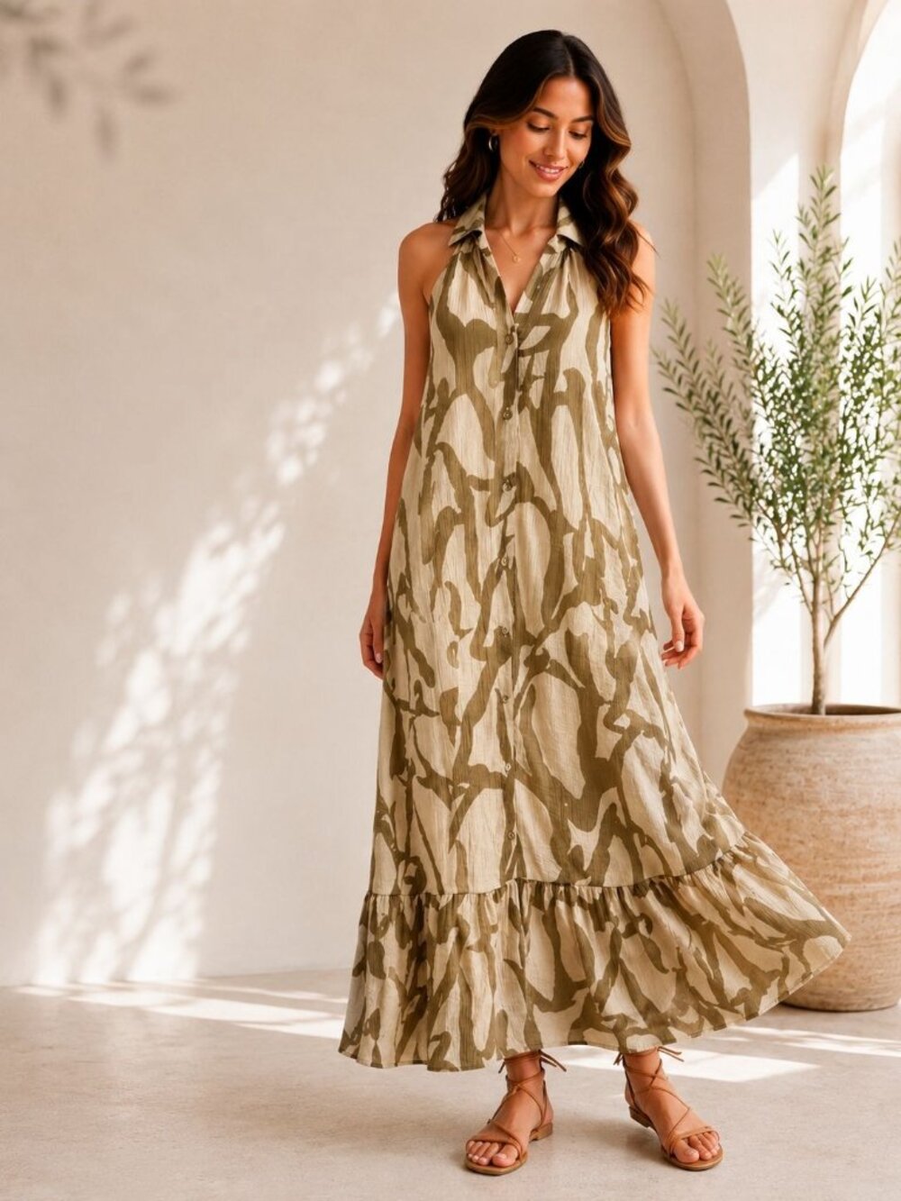 Umgee USA Womens Large Maxi Dress Beige Olive Abstract Button Front Boho